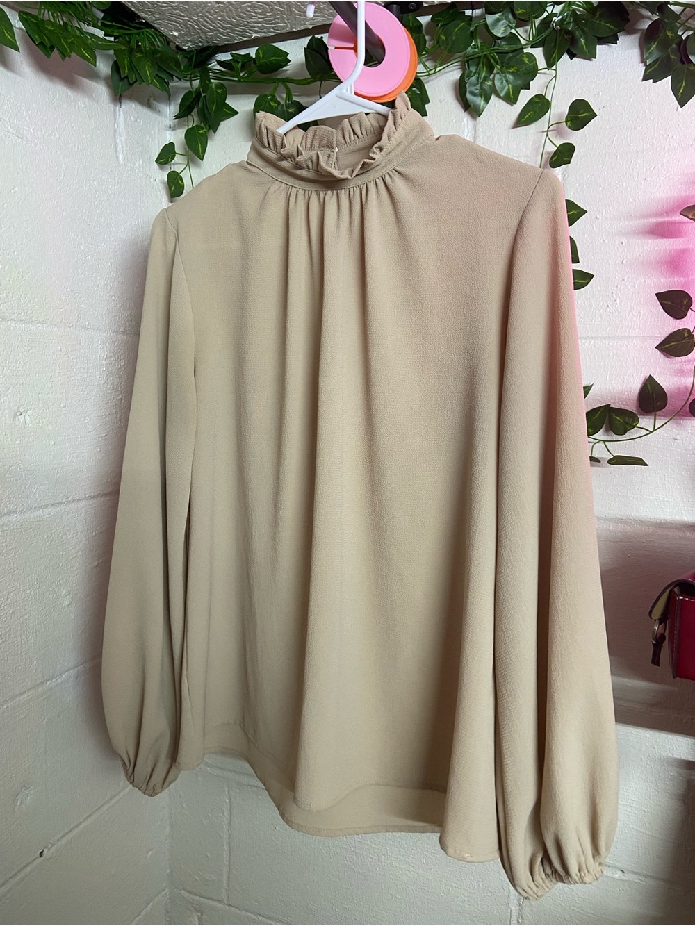 Vici Beige Ruffle Neck Long-Sleeve Blouse